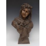 An Art Nouveau Goldscheider bust, wearing a head scarf and roses, spreading square base, 59cm high,