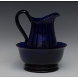 A 19th century Bristol Blue jug and bowl, scroll handle, the bowl with everted rim, 20cm diam, c,