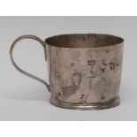 A George III silver spreading cylindrical mug, of shallow proportions, scroll handle, crested,