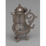 A 19th century silver toy miniature coffee pot, possibly Maltese hinged fluted cover,