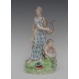 A Derby Patch Mark figure, Muse of Music, she stands wearing flowering robes, holding a harp,