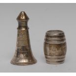An Edwardian silver novelty pepper, as a lighthouse, pierced push-fitting cover, spreading base, 8.