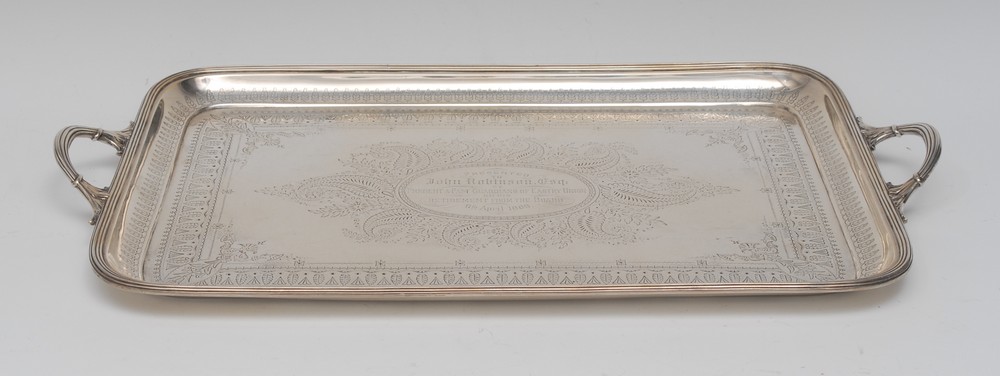 A Victorian silver rounded rectangular two-handled serving tray,