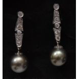 A pair of diamond and Tahitian cultured pearl drop earrings,