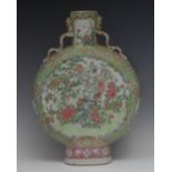 An Chinese Cantonese Famille Verte moon flask, decorated with fanciful birds, bamboo,