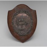 An early 20th century electro-type easel trophy plaque, in relief with gentlemen playing snooker,