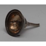 A George III style silver wine funnel, bowed shallow bowl, shaped tang, 12cm high,
