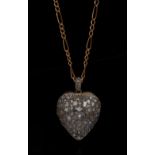 A diamond heart locket pendant, hinged front encrusted with old rose cut diamonds,