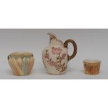 A Royal Worcester flat sided jug, printed with flower blossom on a blush ivory ground,