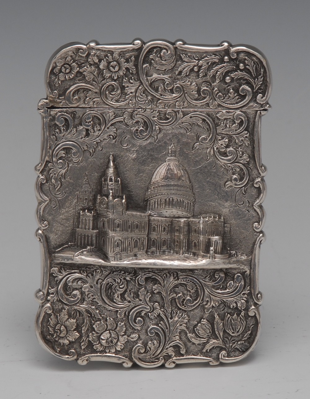 An early Victorian silver shaped rectangular castle top visiting card case,