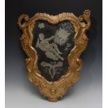 A Venetian Rococo giltwood cartouche shaped looking glass,