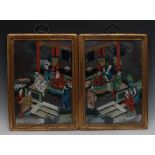 Chinese School, a pair of reverse paintings on glass, depicting figures of the court,