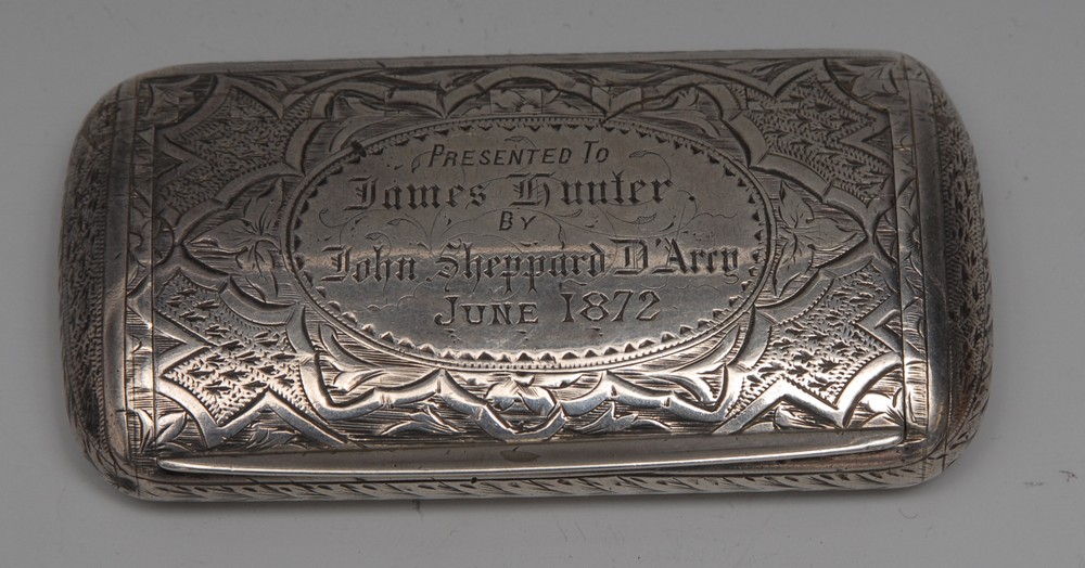 A Victorian silver rounded rectangular snuff box, bright-cut engraved with Gothic strapwork,