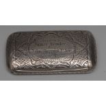 A Victorian silver rounded rectangular snuff box, bright-cut engraved with Gothic strapwork,