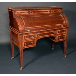 An Edwardian satinwood crossbanded and plum coloured mahogany cylinder desk,