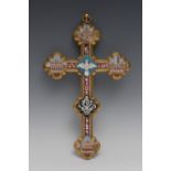A 19th century Italian micromosaic cross, of botany form, inlaid in glass tesserae with dove,