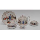 A part New Hall Boy and Butterfly pattern tea service, comprising commode shaped tea pot,