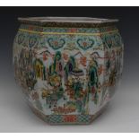 A 19th century Chinese hexagonal Famille Verte jardiniere/fish bowl,