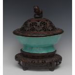 A 19th century Chinese turquoise glaze shaped oval footed dish,