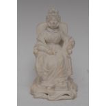 A Derby biscuit figure, of an elderly lady seated on a chair, on foot on a stool, scroll base,