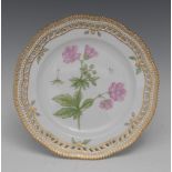 A Royal Copenhagen Flora Danica shaped circular plate, painted with Geranium Silvaticum,