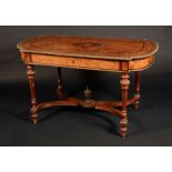 A Franglais gilt-metal mounted walnut, amboyna and marquetry bowed rectangular library table,