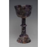 A Derbyshire Blue John goblet, possibly Cliff Blue, slightly flared bell shaped bowl, turned stem,