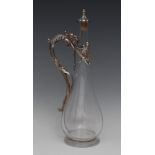 An unusual Victorian silver mounted clear glass slender mallet shaped claret jug,