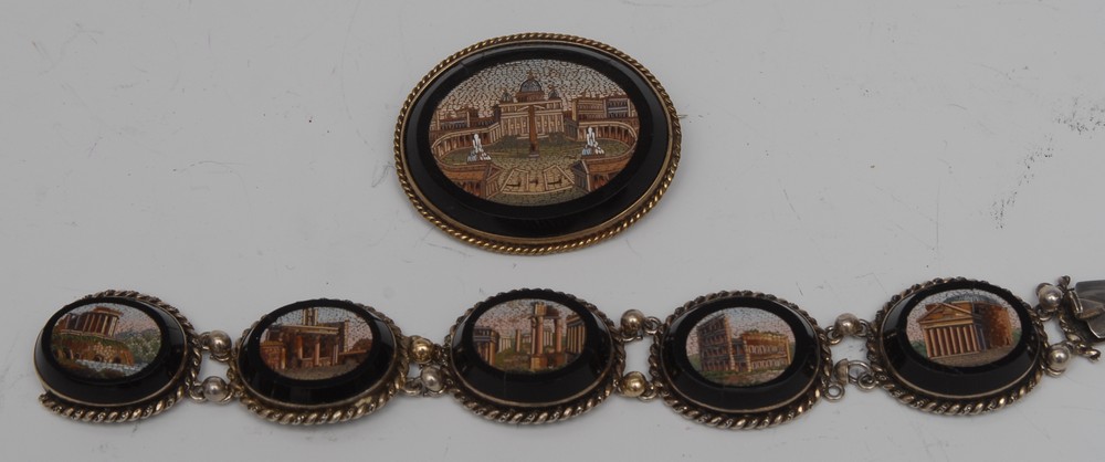 A Victorian micro-mosaic bracelet, with six ovals each set with classical ruins,