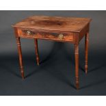 A George IV mahogany side table, rectangular top above a long frieze drawer, turned tapered legs,