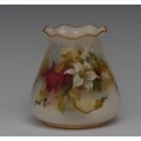 A Royal Worcester spreading ovoid vase, undulating rim, painted with red rose,