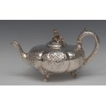 Paul Storr - a William IV silver melon shaped teapot, flush-hinged domed cover with thistle finial,