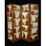 A late 20th century four fold room divider, painted through out with books and ornaments,