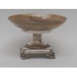 A French silver-mounted agate comport, of small proportions, dished 'saucer' bowl,