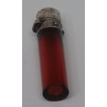 A Victorian cranberry glass and silver-coloured metal scent phial, of plain design, domed cover, 6.