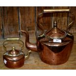 A copper bed warming pan; a copper kettle;
