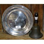 A silver coloured metal offertory plate inscribed Ebenezer Chapel; a cast brass hand bell.