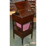 An early 19th century mahogany sewing box, hinged music stand top enclosing storage,