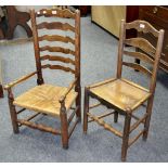 A 19th century elm rush seated elbow chair; a side chair,