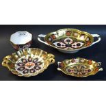 A Royal Crown Derby 1128 pattern two-handled bon-bon dish shaped oval pin tray;