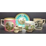 A Prattware two handled loving cup, scenes of Rome on pink ground; another plate similar,