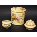 A Royal Worcester blush ivory cylindrical jar and cover; a Royal Worcester blush ivory lid;