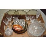 Glassware - a set of six smoked glass dinner plates with two serving plates; cut glass fruit bowl;
