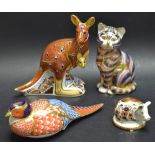 A Royal Crown Derby paperweight, Kangaroo, silver stopper; another cat, no stopper, pheasant,