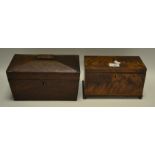 A George III mahogany tea caddy, two section interior, ivory turned handles, inlaid cover, c.