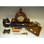Ephemera - a mahogany Napoleon hat mantel clock; an oak crumb brush and tray;