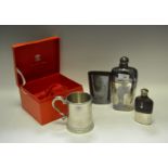 A large James Dixon silver plated hip flask and toasting slip; another smallerm,