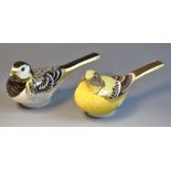 A Royal Crown Derby paperweight, Pied Wagtail, gold stopper, boxed; another, Yellow Wagtail,