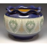 A Lovatts Langley Ware jardiniere, deep stippled band, cobalt blue undulating wavy rim,