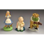 Three Wade figures, Alice in Wonderland and Toad of Toad Hall,